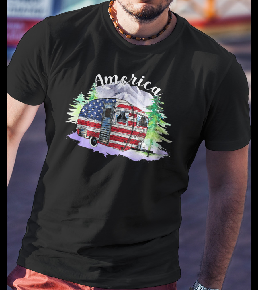America Camping Van With USA Flag And Mountains For Fourth Of July T-Shirt