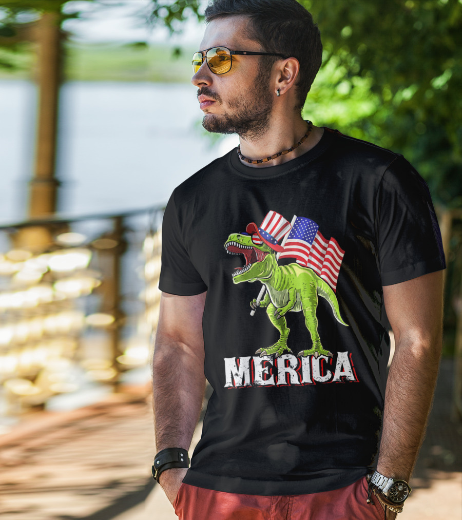 'Merica Patriotic Rex Dinosaur With American Flags And Hat T-Shirt
