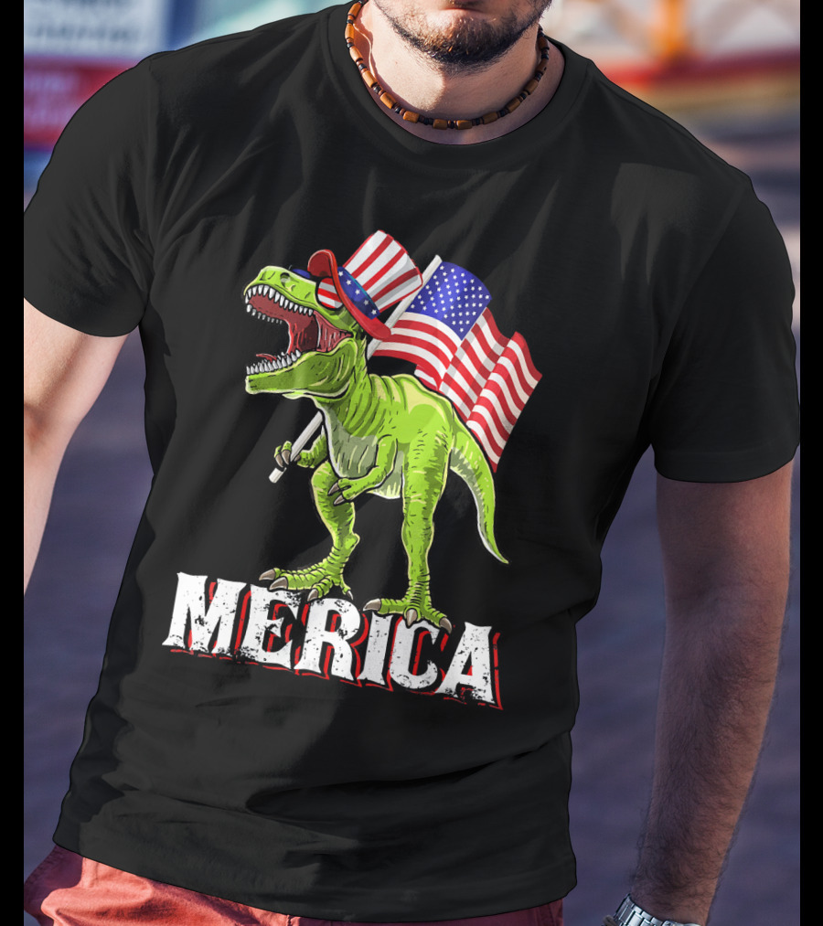'Merica Patriotic Rex Dinosaur With American Flags And Hat T-Shirt