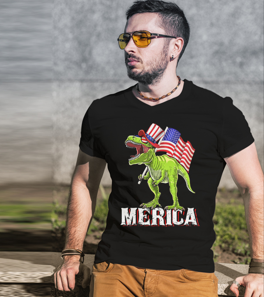 'Merica Patriotic Rex Dinosaur With American Flags And Hat T-Shirt