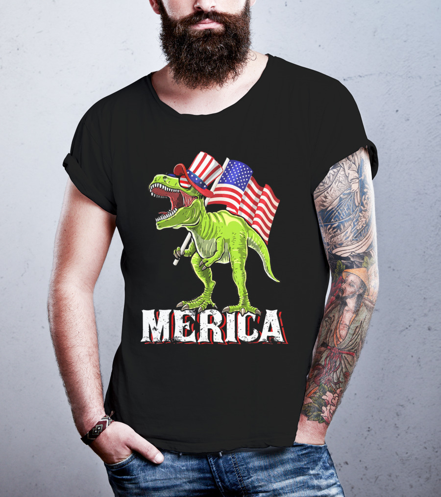 'Merica Patriotic Rex Dinosaur With American Flags And Hat T-Shirt