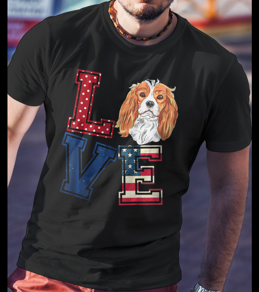 LOVE Cavalier King Charles Spaniel American Flag Face T-Shirt