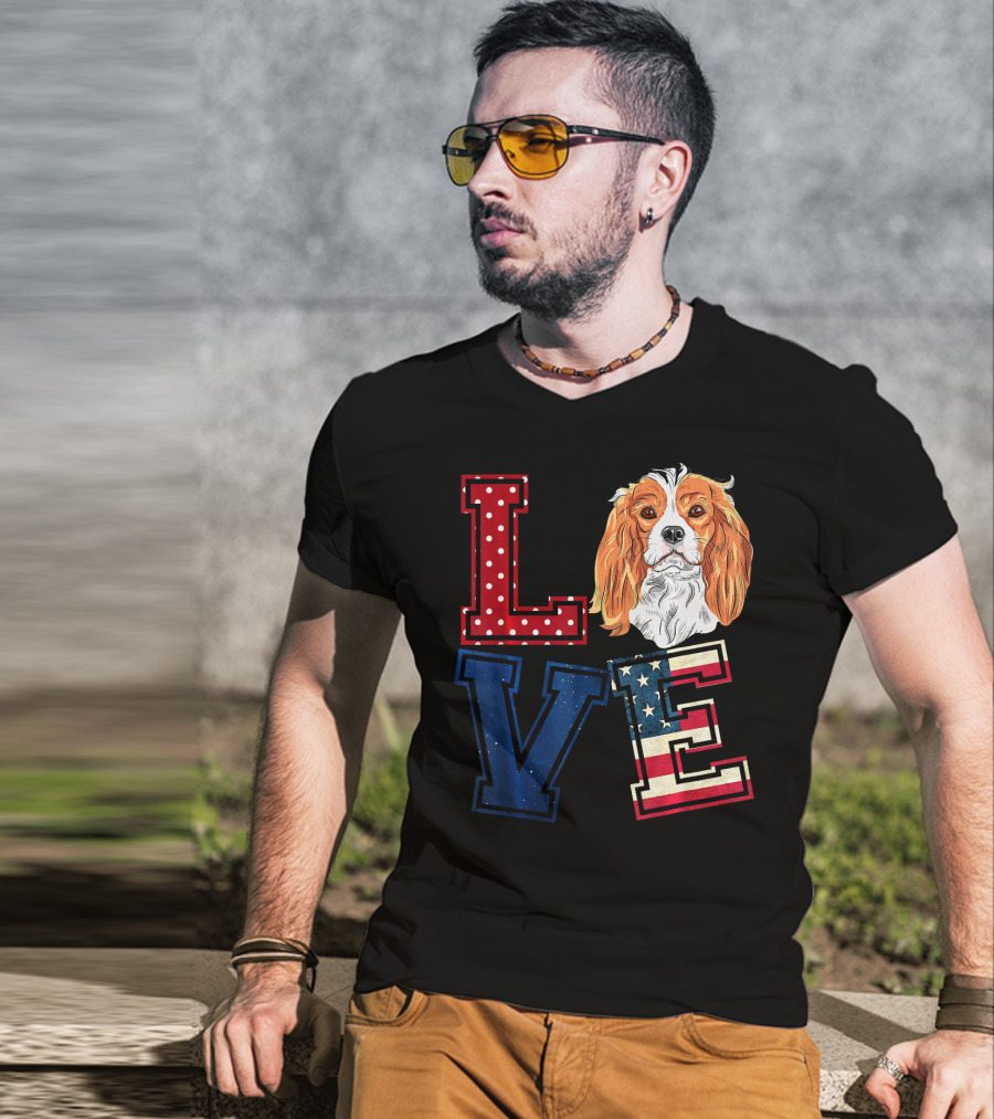 LOVE Cavalier King Charles Spaniel American Flag Face T-Shirt