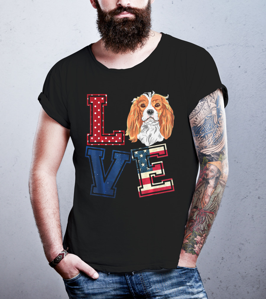 LOVE Cavalier King Charles Spaniel American Flag Face T-Shirt