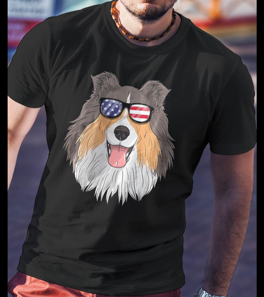 Shetland Sheepdog Patriotic Sheltie With American Flag Sunglasses T-Shirt