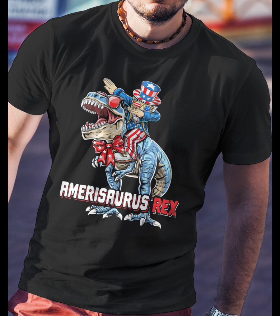 Amerisaurus Rex Dinosaur Dabbing Uncle Sam Patriotic Stars Stripes T-Shirt