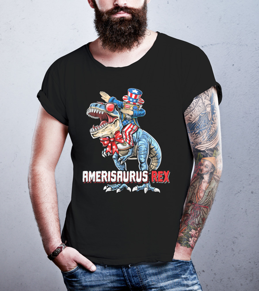 Amerisaurus Rex Dinosaur Dabbing Uncle Sam Patriotic Stars Stripes T-Shirt