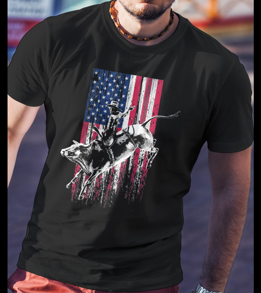 Patriotic American Flag Bull Rider Rodeo Scene T-Shirt