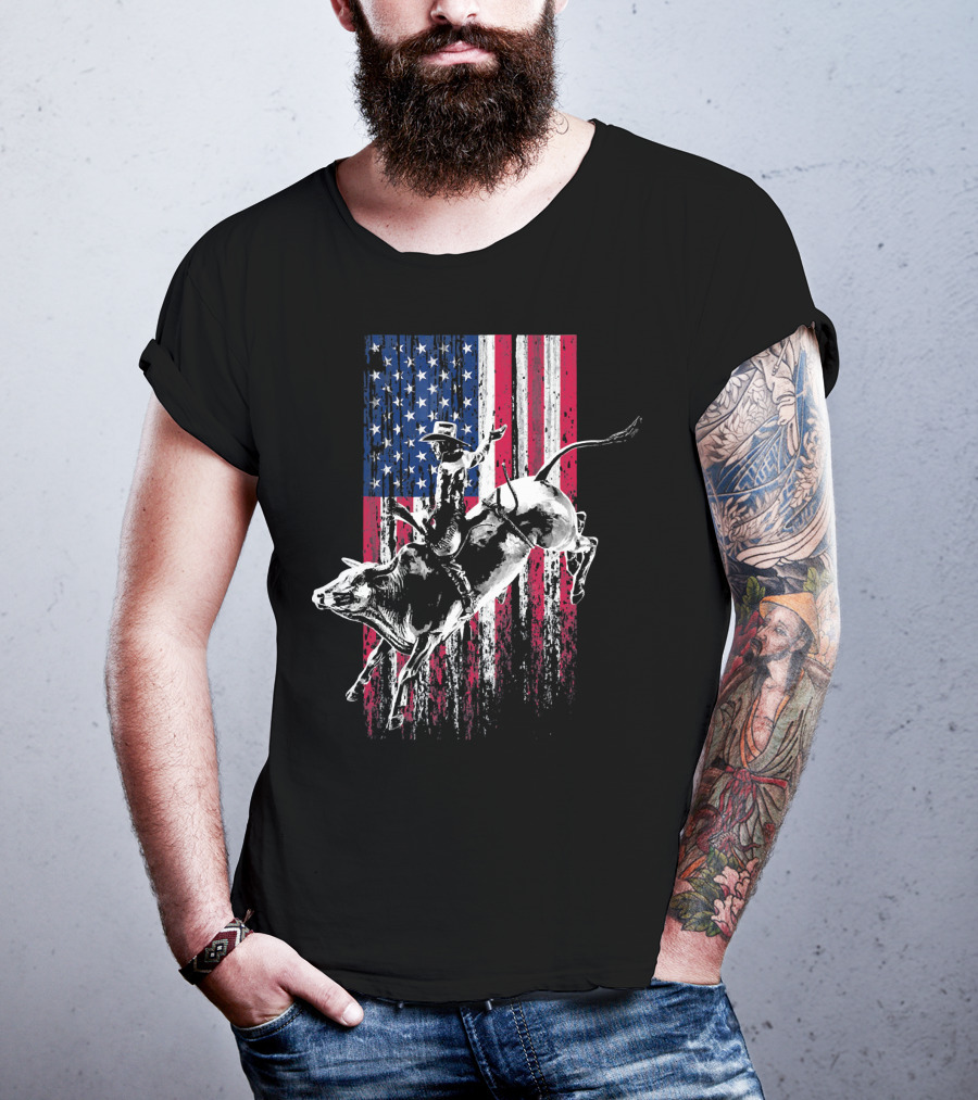 Patriotic American Flag Bull Rider Rodeo Scene T-Shirt