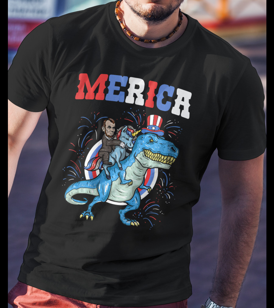 Merica Abe Lincoln Riding Unicorn On T-Rex With Patriotic Hat T-Shirt