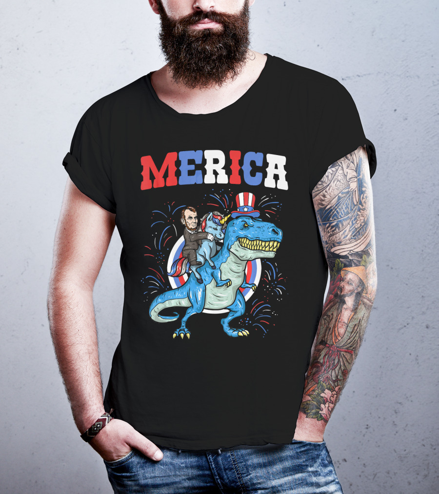 Merica Abe Lincoln Riding Unicorn On T-Rex With Patriotic Hat T-Shirt