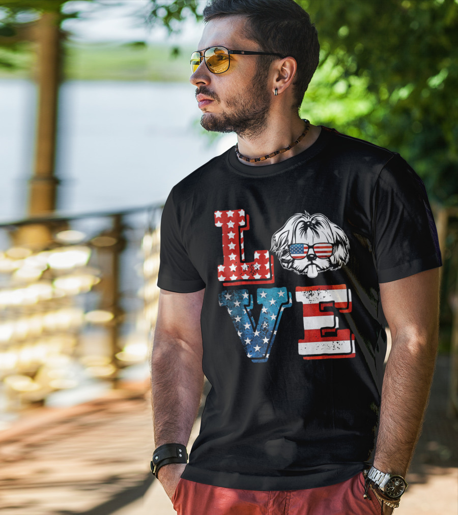 Love Shih Tzu Patriotic American Flag Sunglasses T-Shirt