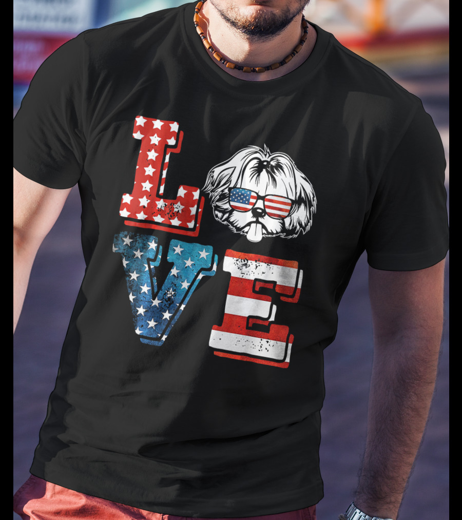 Love Shih Tzu Patriotic American Flag Sunglasses T-Shirt