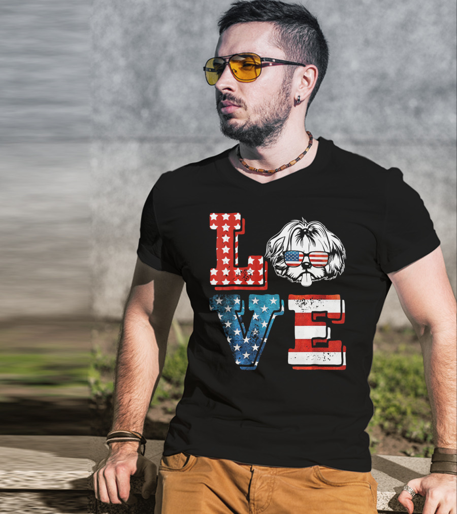 Love Shih Tzu Patriotic American Flag Sunglasses T-Shirt