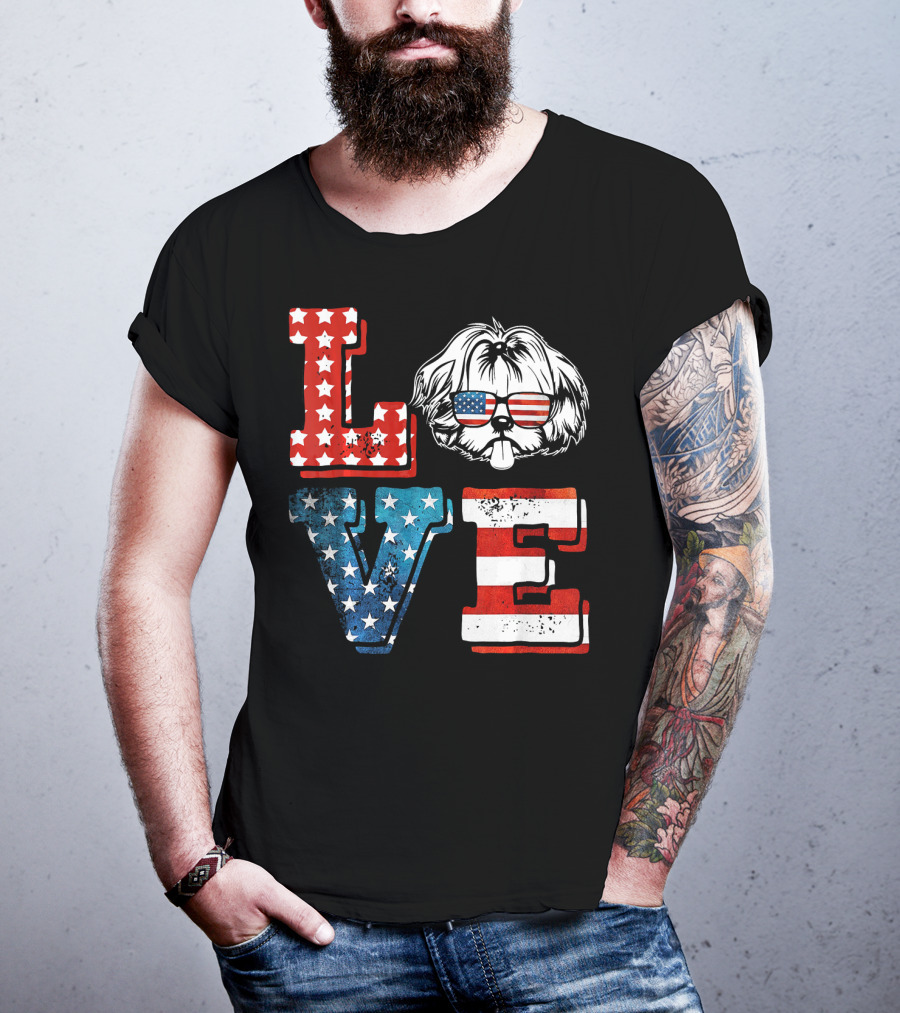 Love Shih Tzu Patriotic American Flag Sunglasses T-Shirt