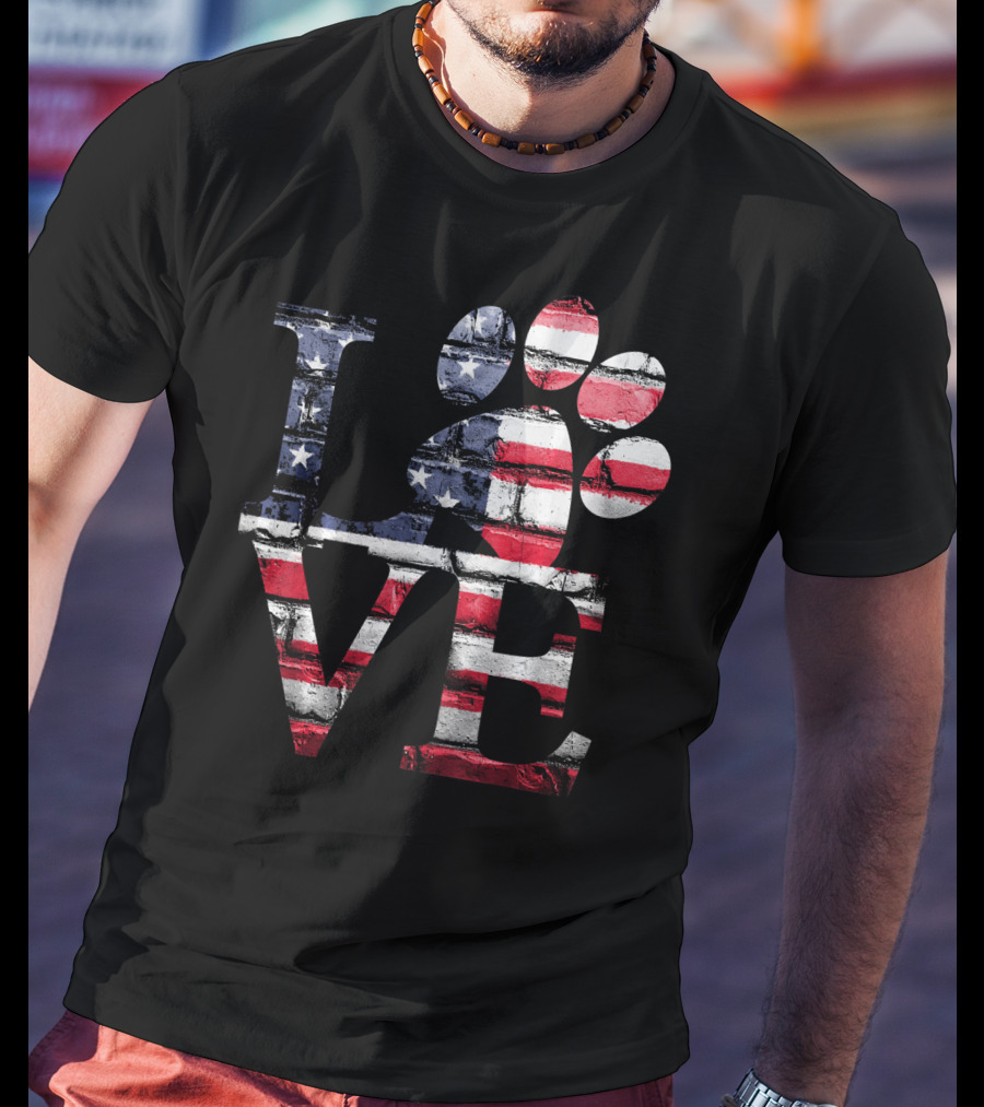 Patriotic Love USA Flag Style With Dog Paw T-Shirt