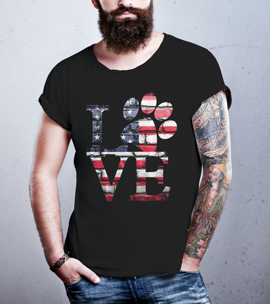 Patriotic Love USA Flag Style With Dog Paw T-Shirt