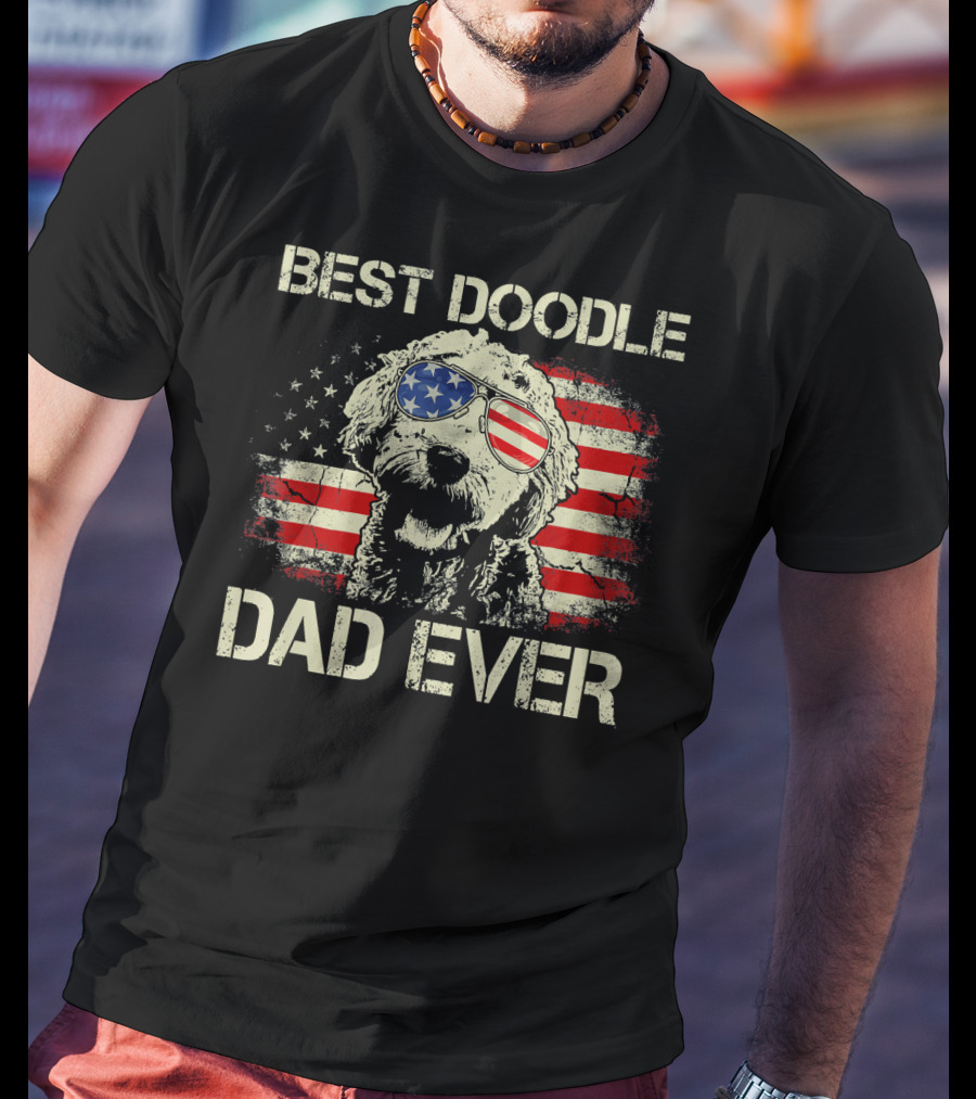 Best Doodle Dad Ever USA Flag Sunglasses Dog T-Shirt