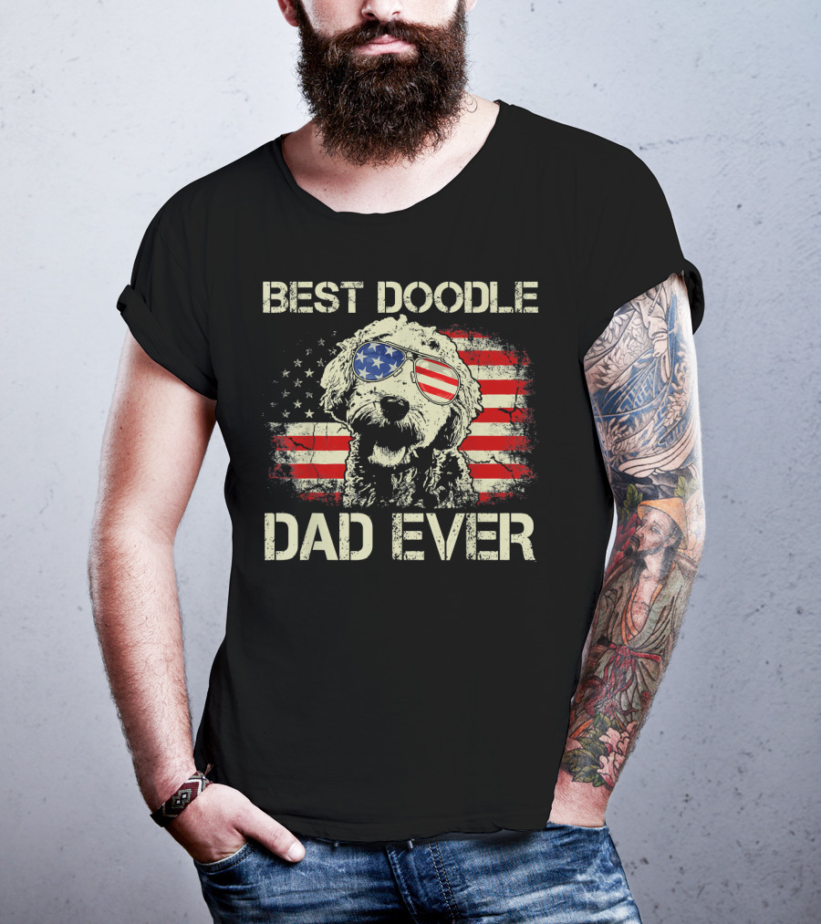 Best Doodle Dad Ever USA Flag Sunglasses Dog T-Shirt