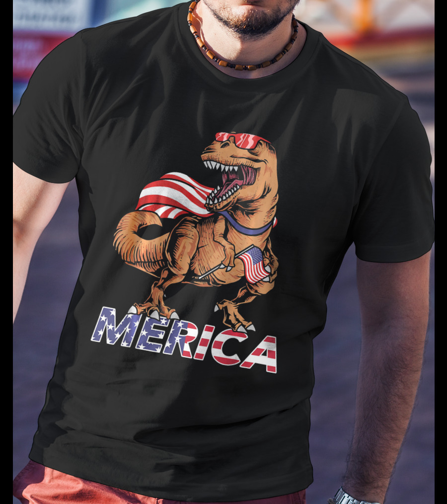 Merica T-Rex With American Flag Sunglasses And Cape T-Shirt