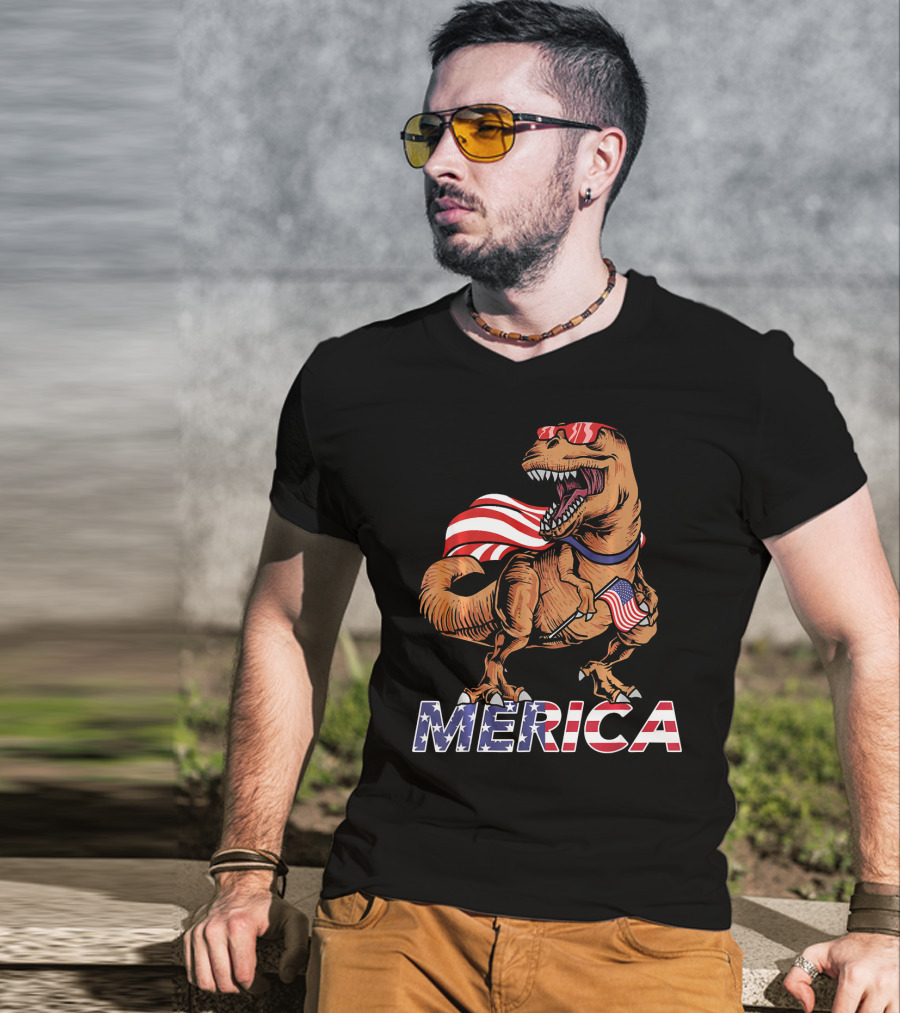Merica T-Rex With American Flag Sunglasses And Cape T-Shirt