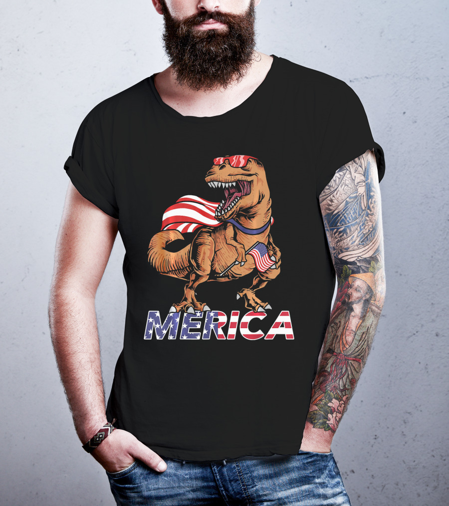 Merica T-Rex With American Flag Sunglasses And Cape T-Shirt