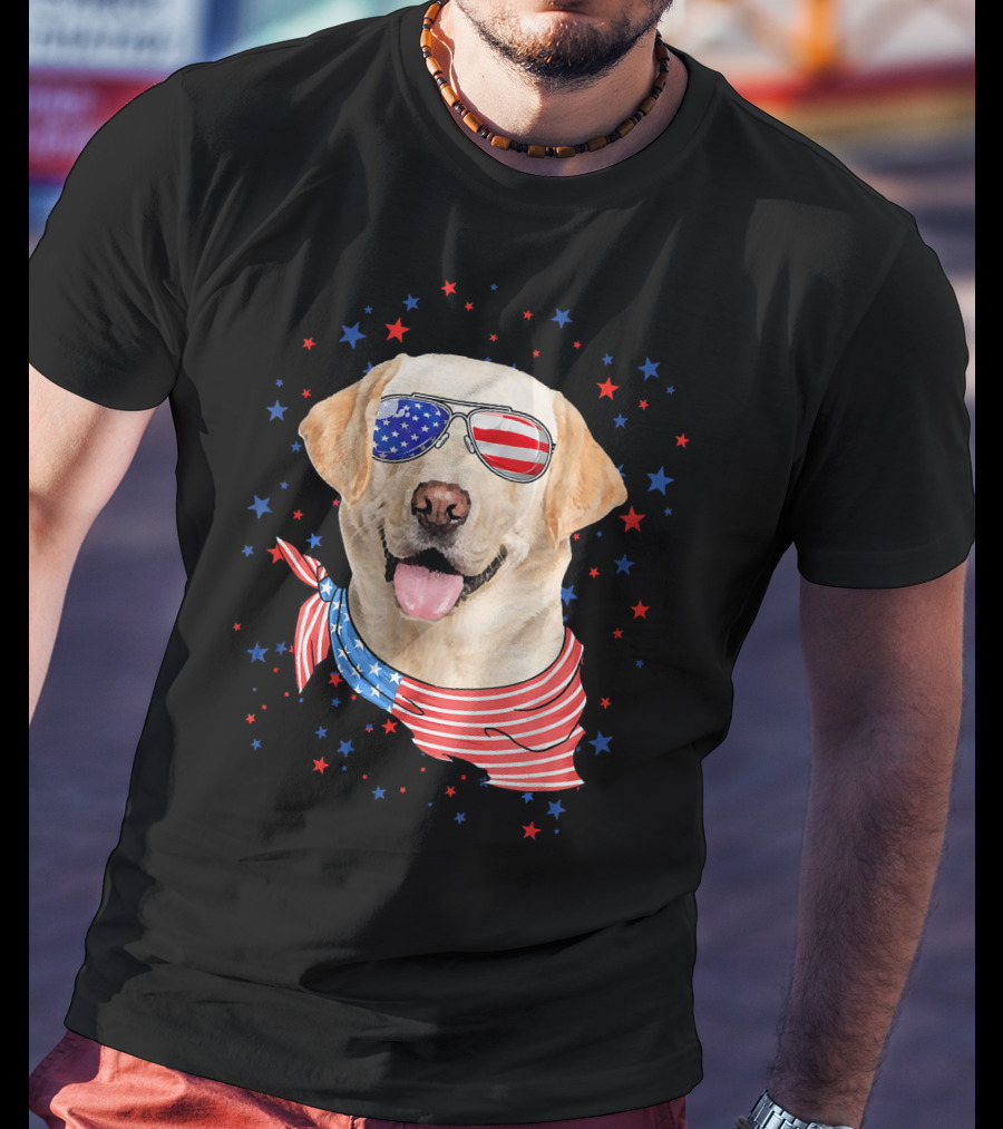 American Flag Labrador With Patriotic Sunglasses And Scarf Surrounded By Stars T-Shirt