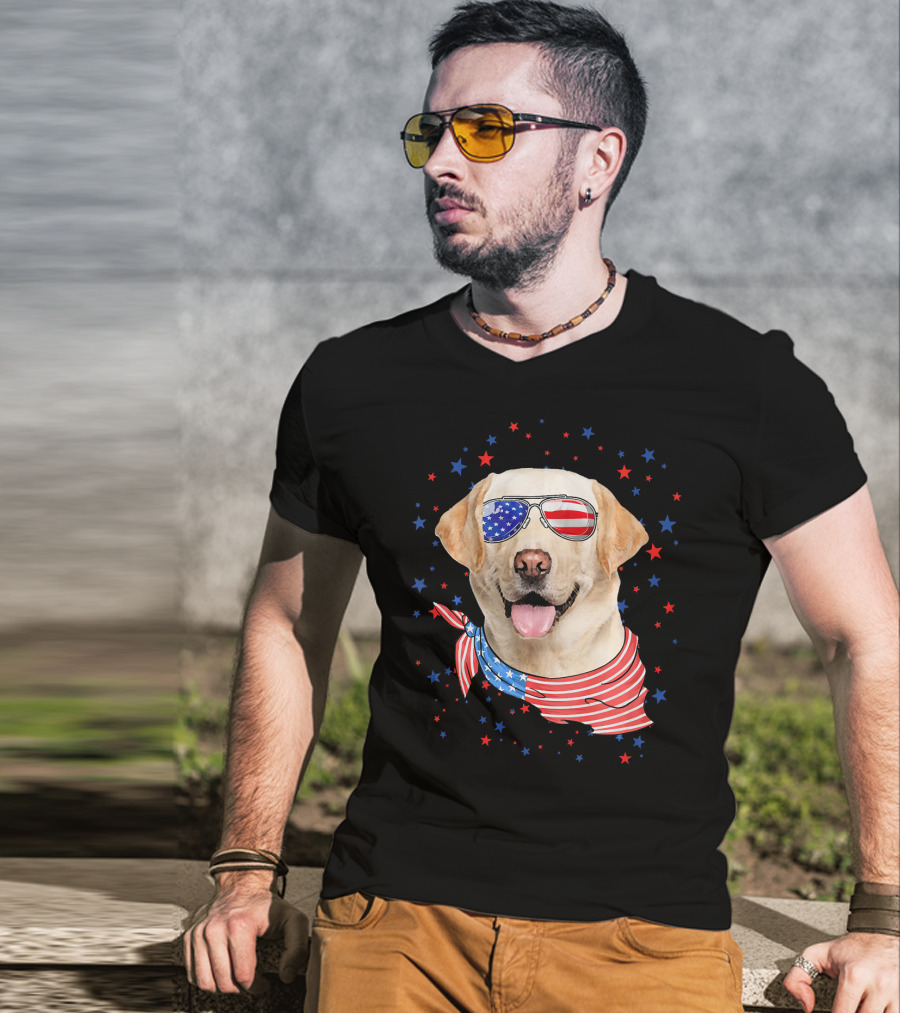 American Flag Labrador With Patriotic Sunglasses And Scarf Surrounded By Stars T-Shirt