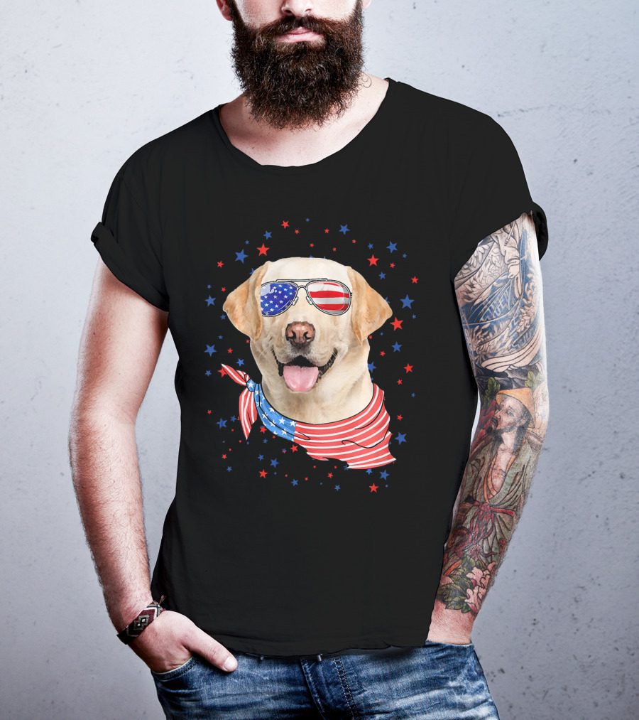 American Flag Labrador With Patriotic Sunglasses And Scarf Surrounded By Stars T-Shirt