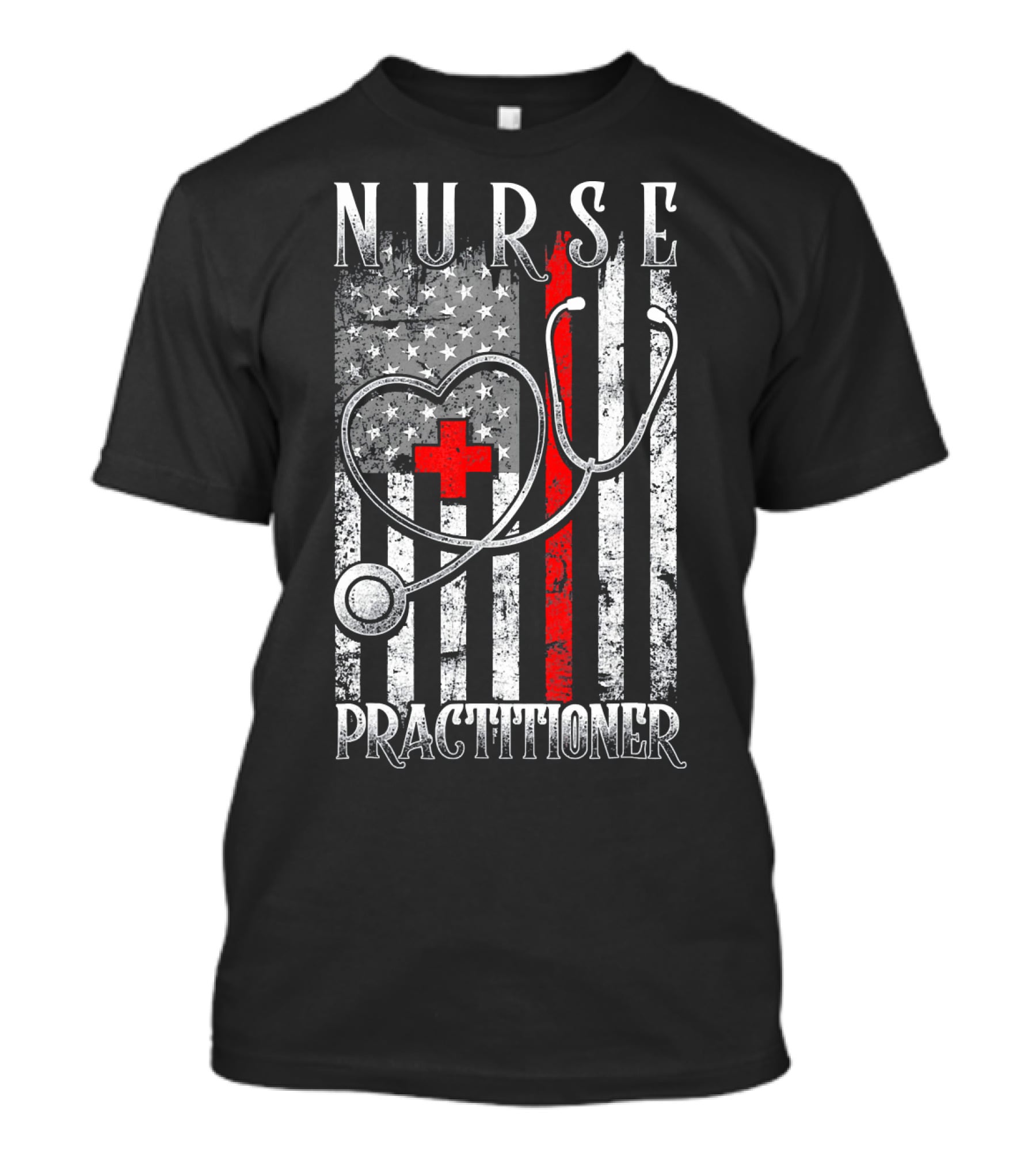 Nurse Practitioner Distressed American Flag Heart Red Line Stethoscope T-Shirt