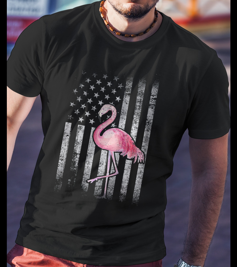 American Flag Stars And Stripes Pink Flamingo Patriotic T-Shirt