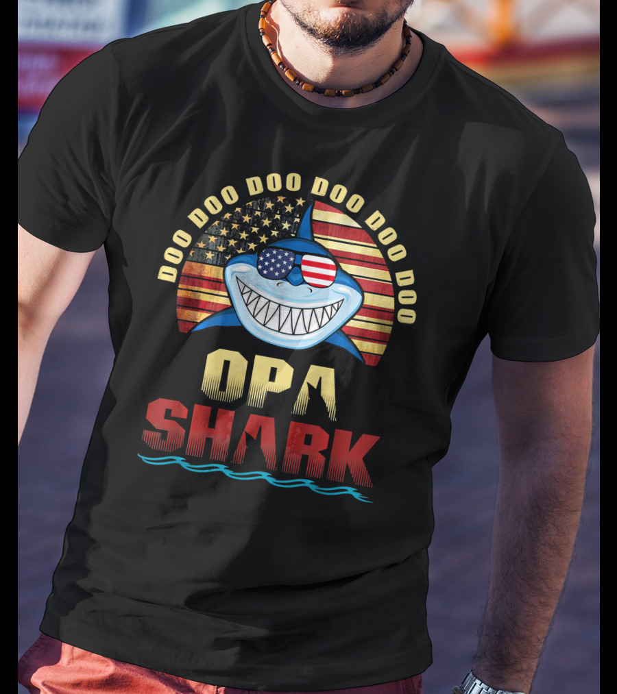 Doo Doo Doo Doo Doo Opa Shark American Flag Fathers T-Shirt