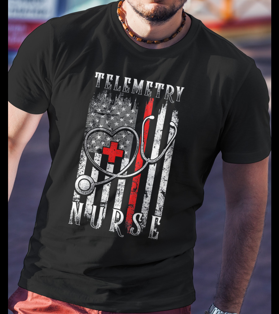 Telemetry Nurse Distressed American Flag Stethoscope Heart Red Cross T-Shirt