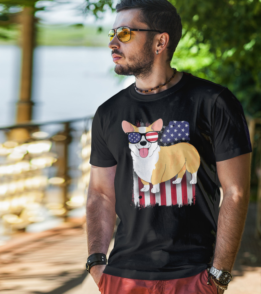 Corgi American Flag Sunglasses Patriotic Spirit T-Shirt