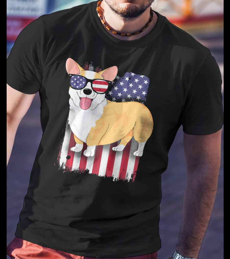 Corgi American Flag Sunglasses Patriotic Spirit T-Shirt
