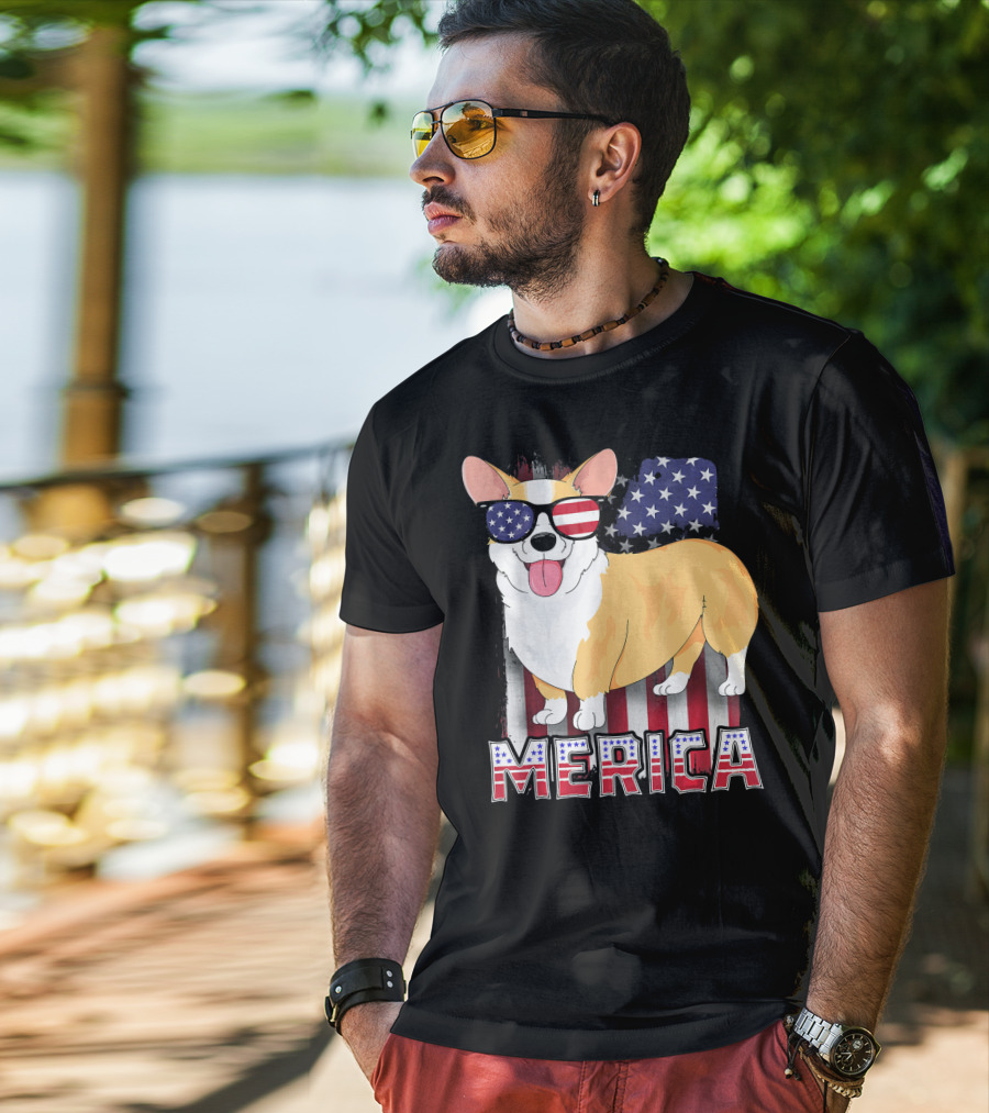 Corgi USA Merica Boys Patriotic Dog American Flag Sunglasses T-Shirt