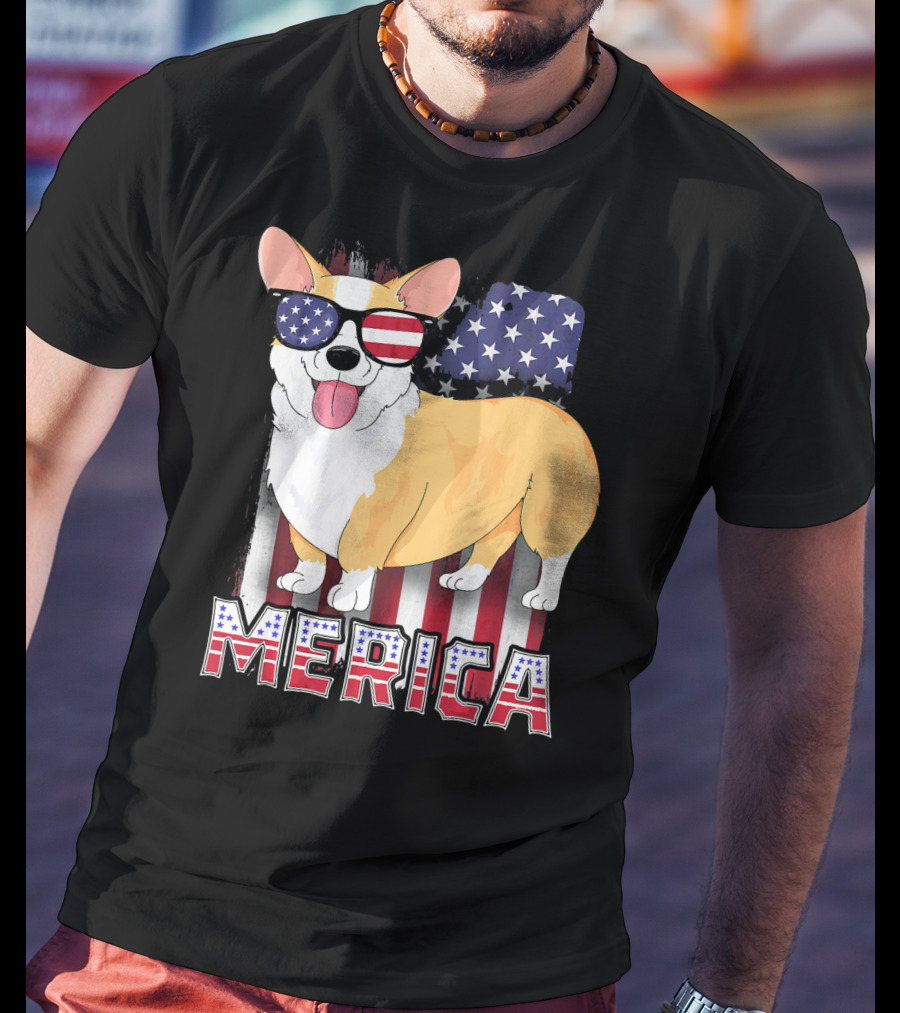 Corgi USA Merica Boys Patriotic Dog American Flag Sunglasses T-Shirt