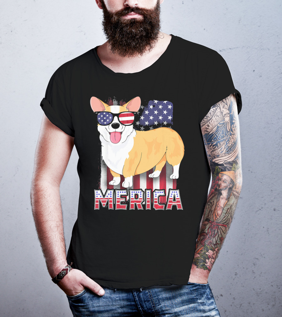 Corgi USA Merica Boys Patriotic Dog American Flag Sunglasses T-Shirt