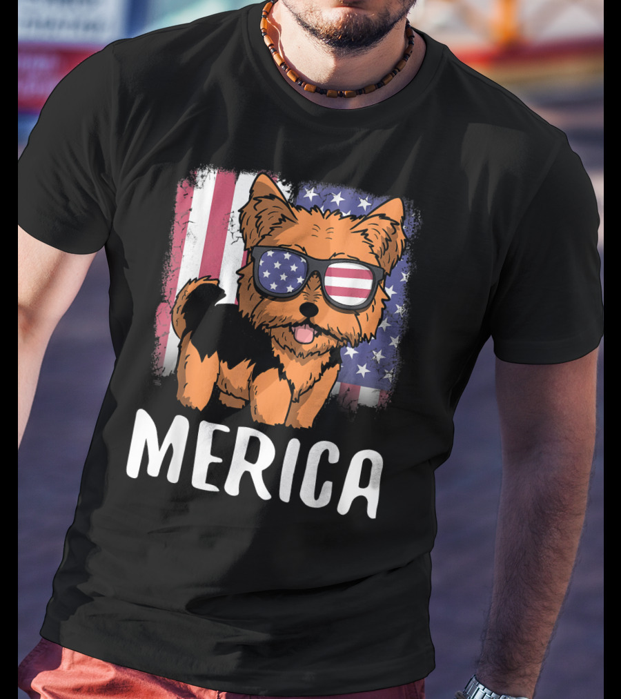 Merica Yorkie Dog American Flag Sunglasses USA T-Shirt