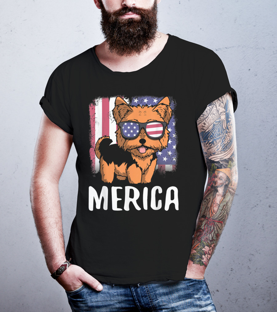 Merica Yorkie Dog American Flag Sunglasses USA T-Shirt