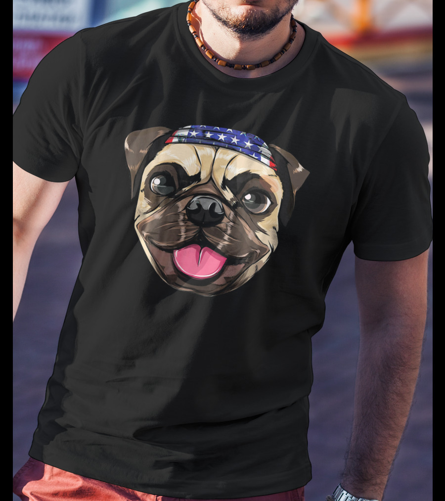 Pug Dog American Flag Bandana T-Shirt