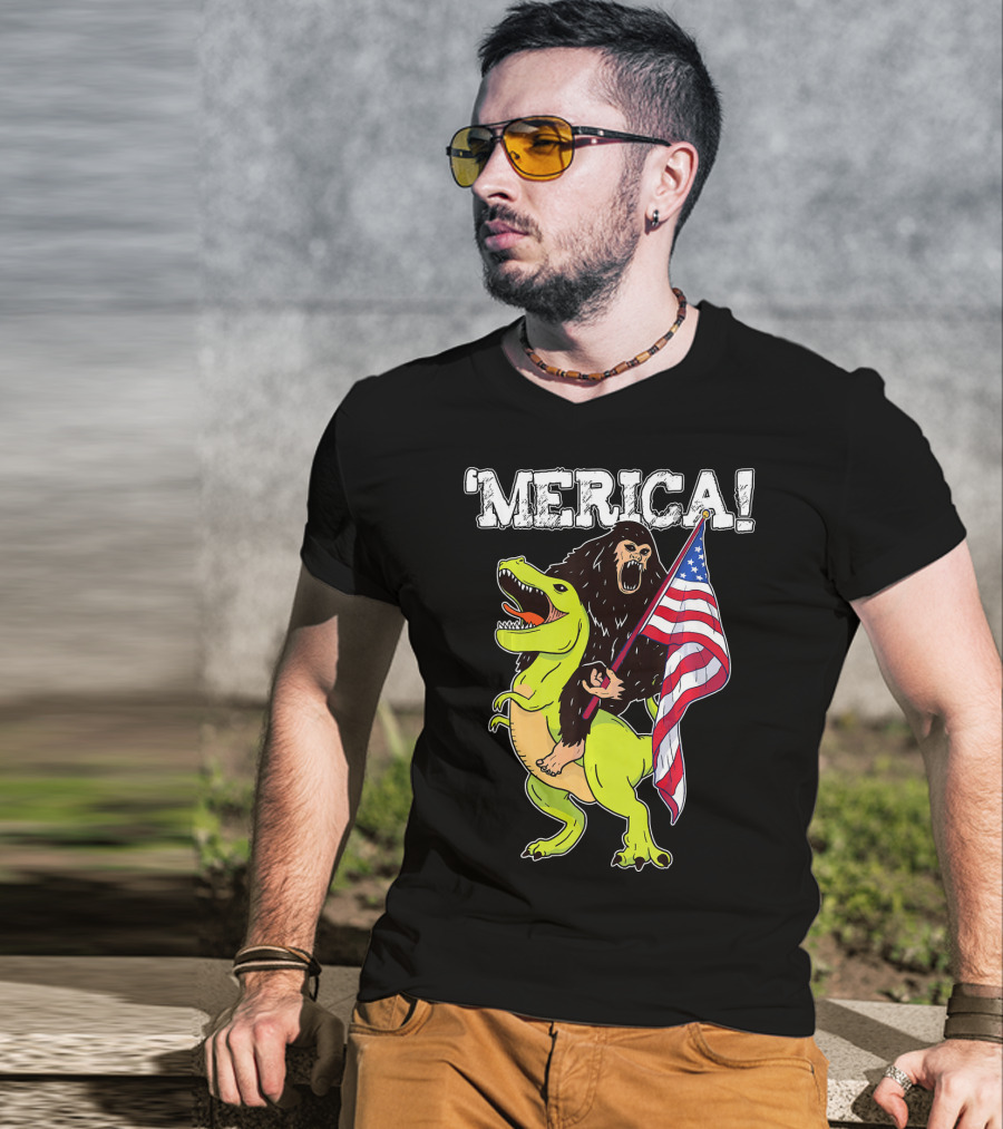 'Merica Bigfoot Dinosaur Fourth Of July Patriot T-Shirt