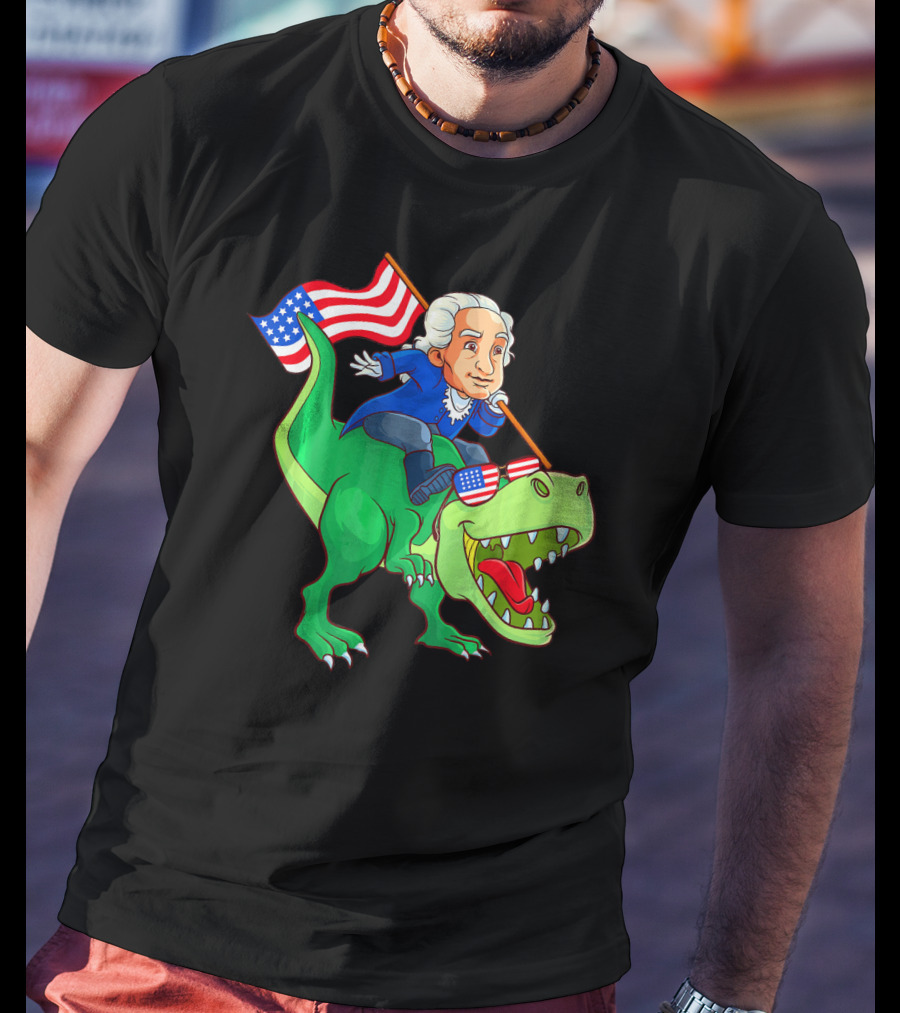 George Washington Riding Rex Dinosaur With American Flag And Sunglasses T-Shirt