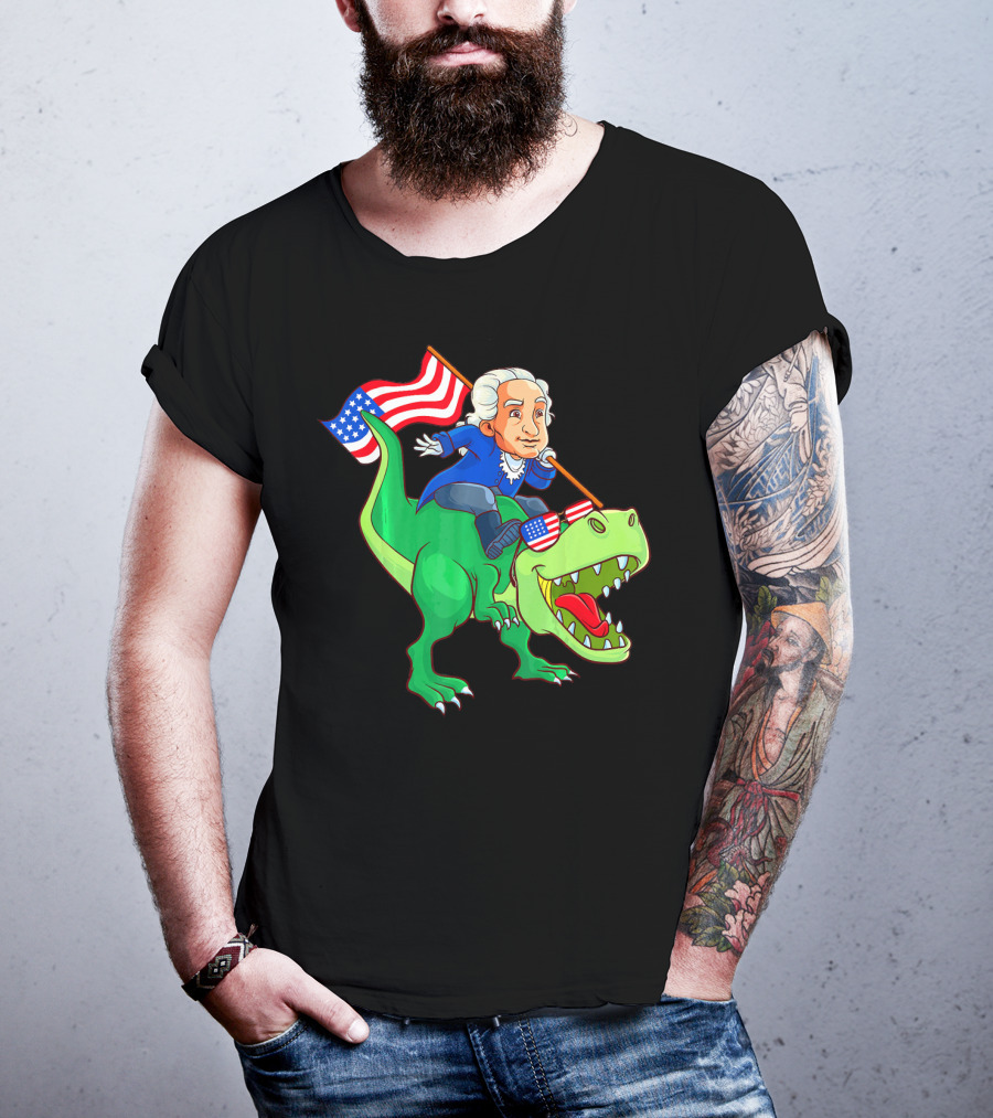 George Washington Riding Rex Dinosaur With American Flag And Sunglasses T-Shirt
