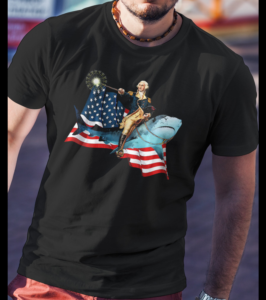 George Washington Patriotically Riding Shark With American Flag T-Shirt