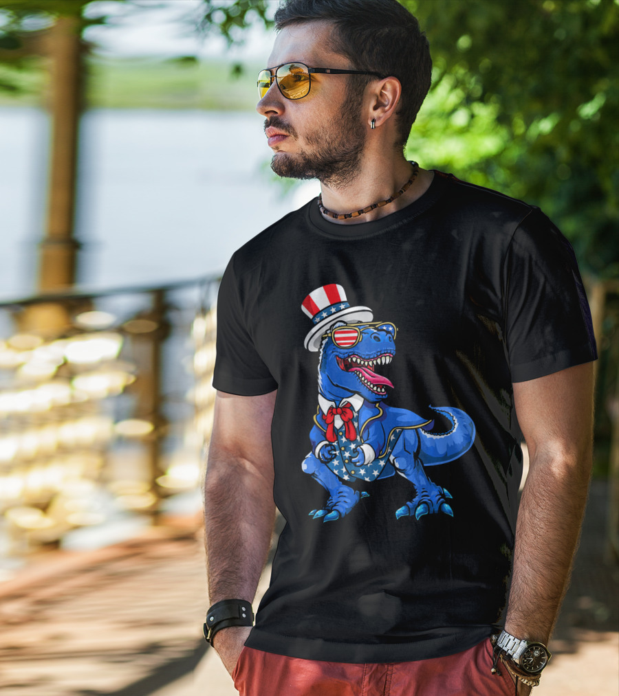 Patriotic Dinosaur With American Flag Hat And Glasses T-Shirt