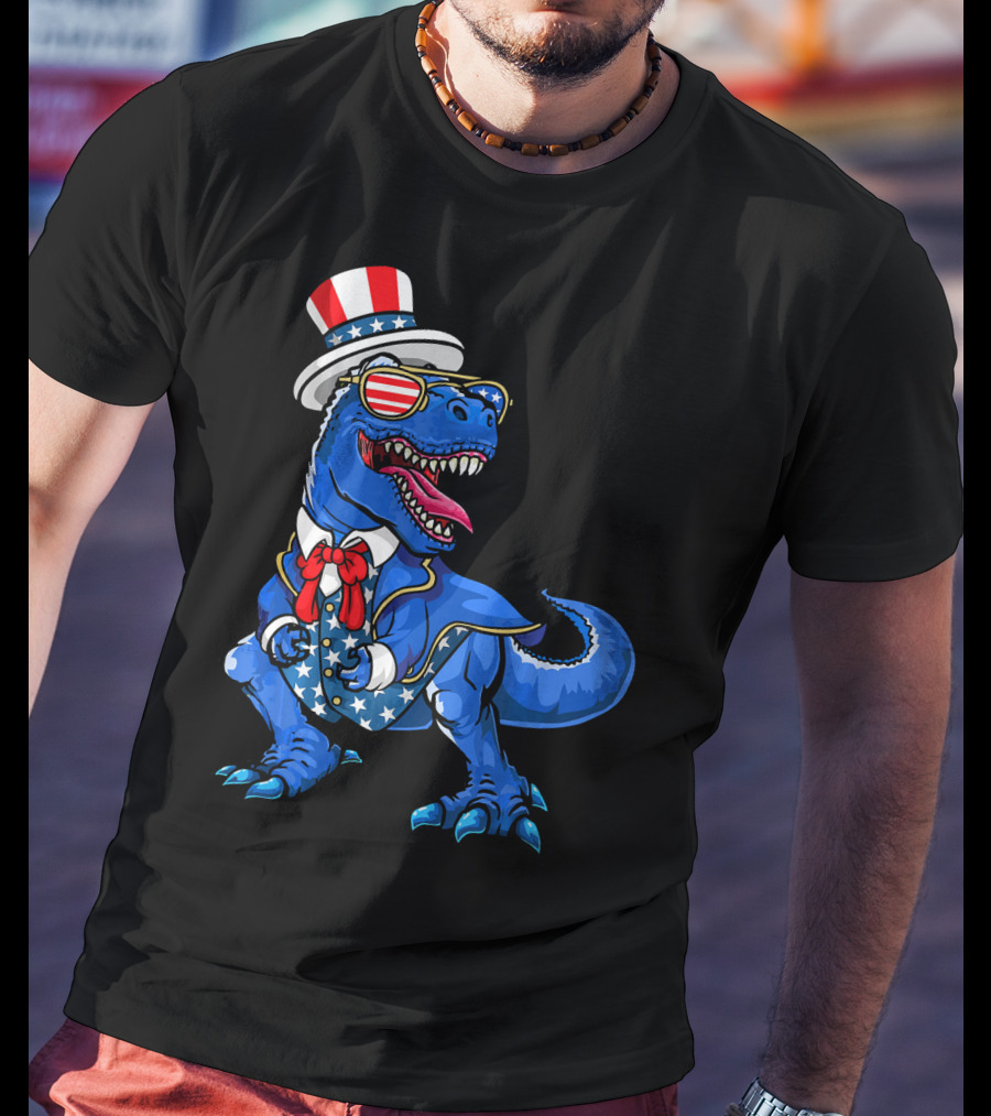 Patriotic Dinosaur With American Flag Hat And Glasses T-Shirt