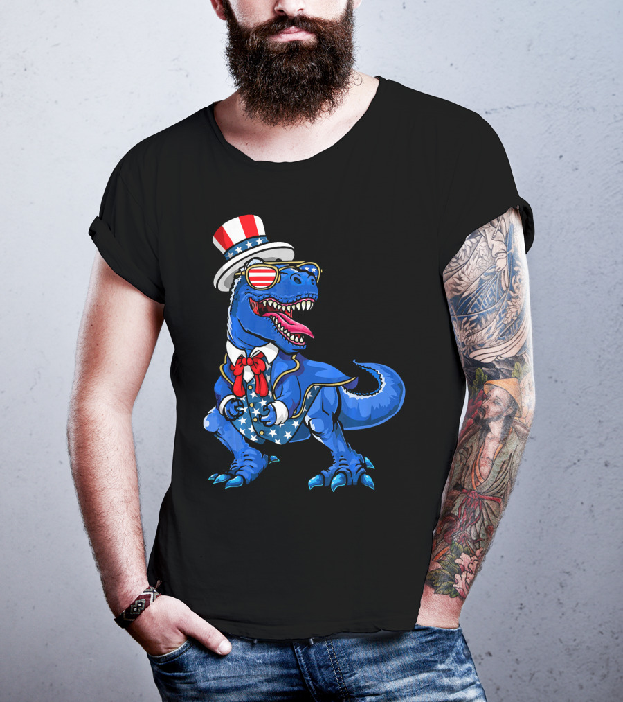 Patriotic Dinosaur With American Flag Hat And Glasses T-Shirt