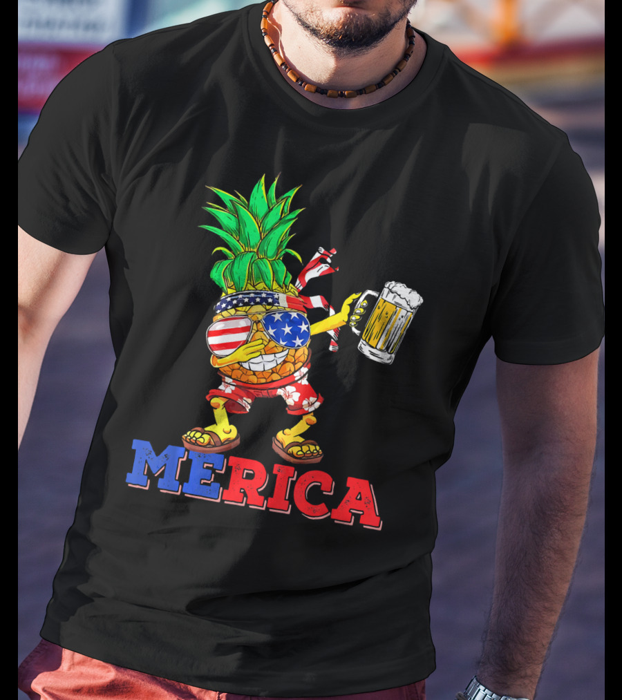Merica Dabbing Pineapple US Flag Sunglasses Beer Mug Hawaiian Shorts T-Shirt