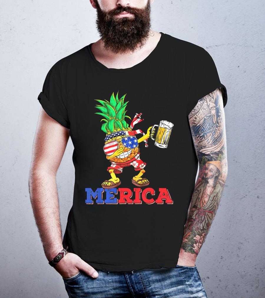 Merica Dabbing Pineapple US Flag Sunglasses Beer Mug Hawaiian Shorts T-Shirt